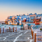 Mykonos,,Greece.,Waterfront,In,Little,Venice,,Mykonos,At,Sunset.