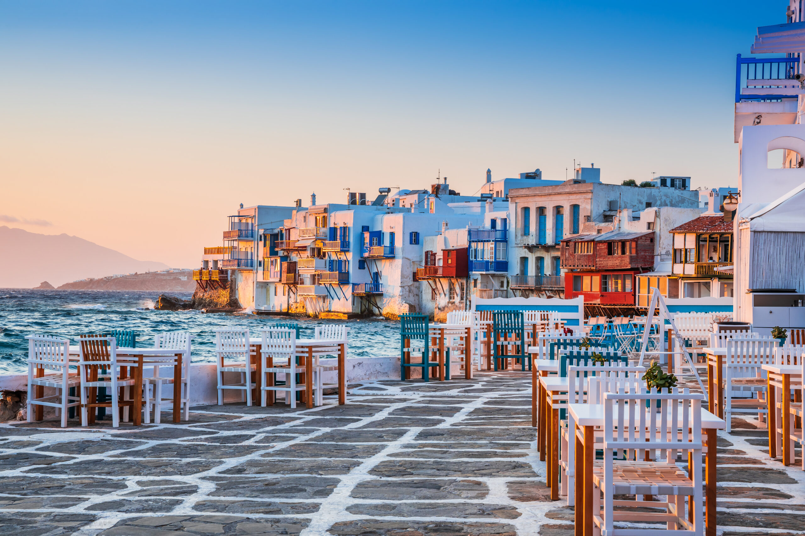 Mykonos,,Greece.,Waterfront,In,Little,Venice,,Mykonos,At,Sunset.