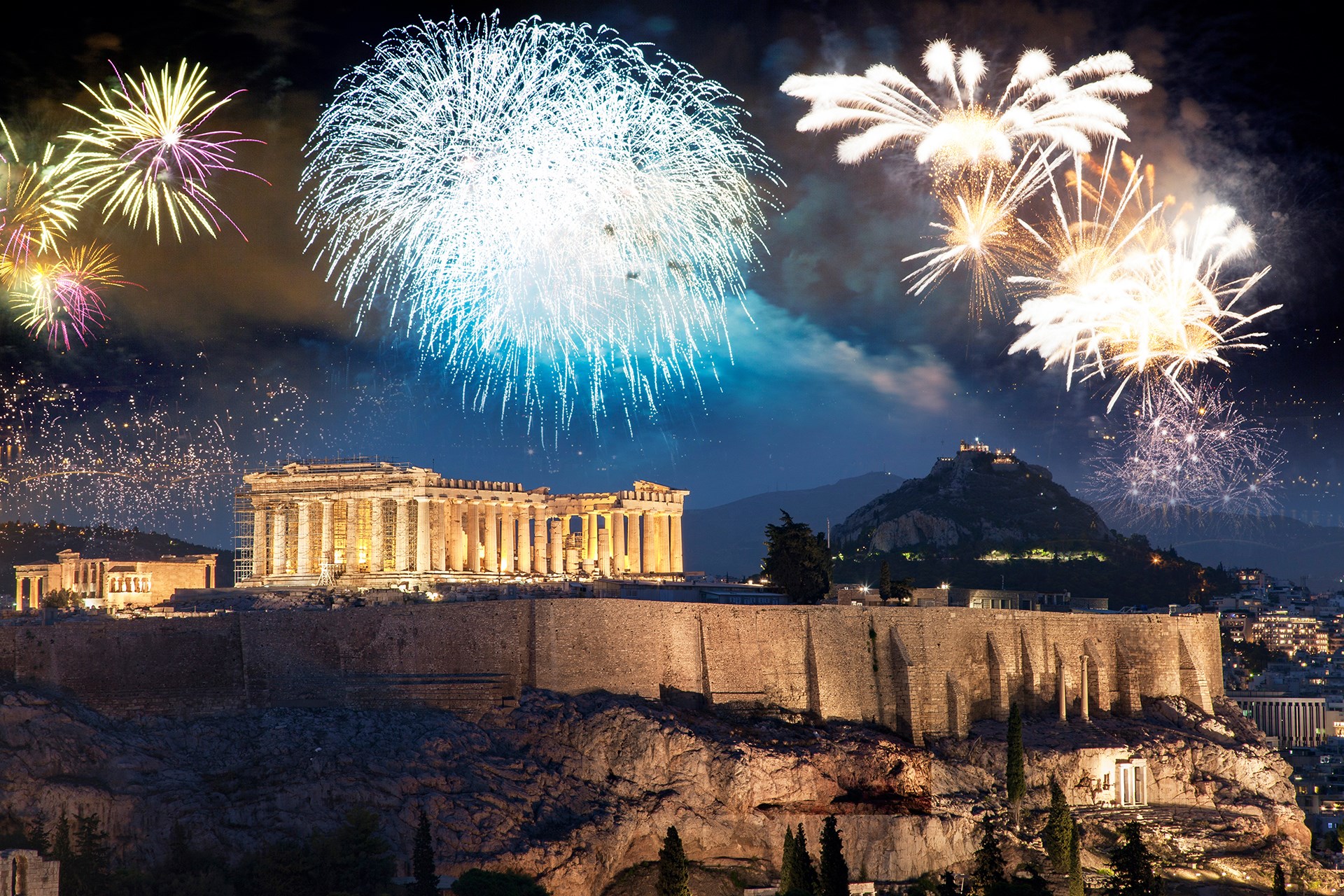 fireworks over Athens, Acropolis and the Parthenon, Attica, Greece - New Year destination